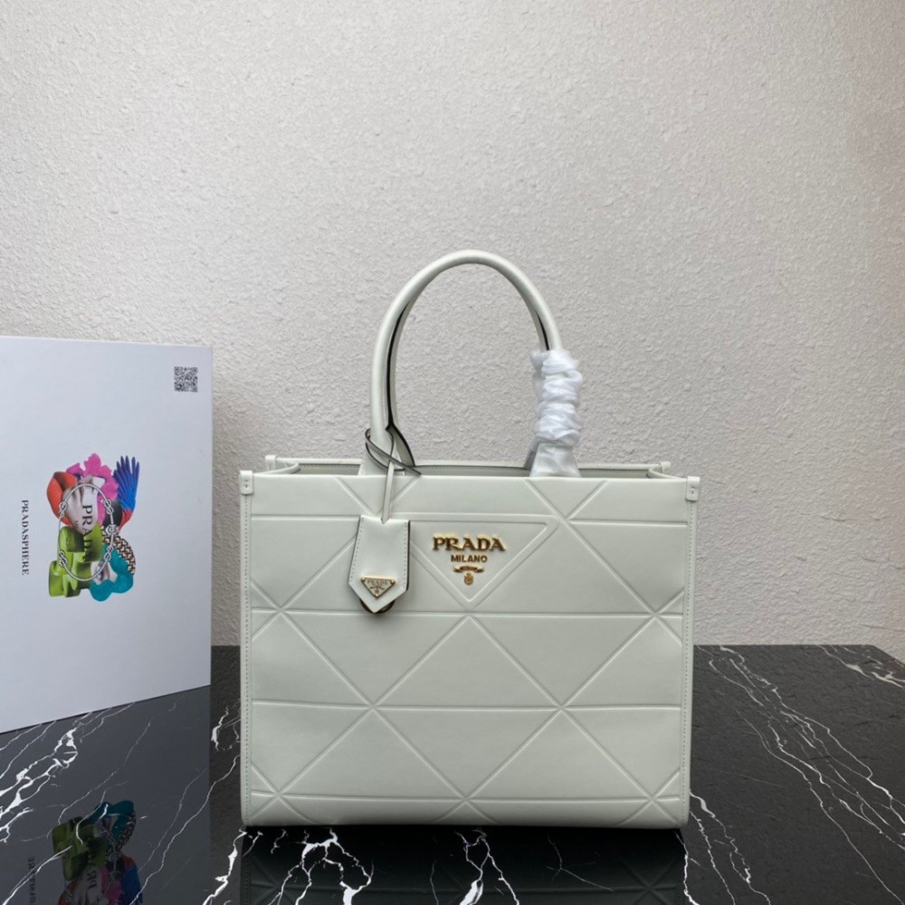 Prada Symbole Medium Bag with Topstitching in White Leather LDBS244946