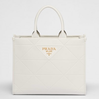 Prada Symbole Medium Bag with Topstitching in White Leather LDBS244946