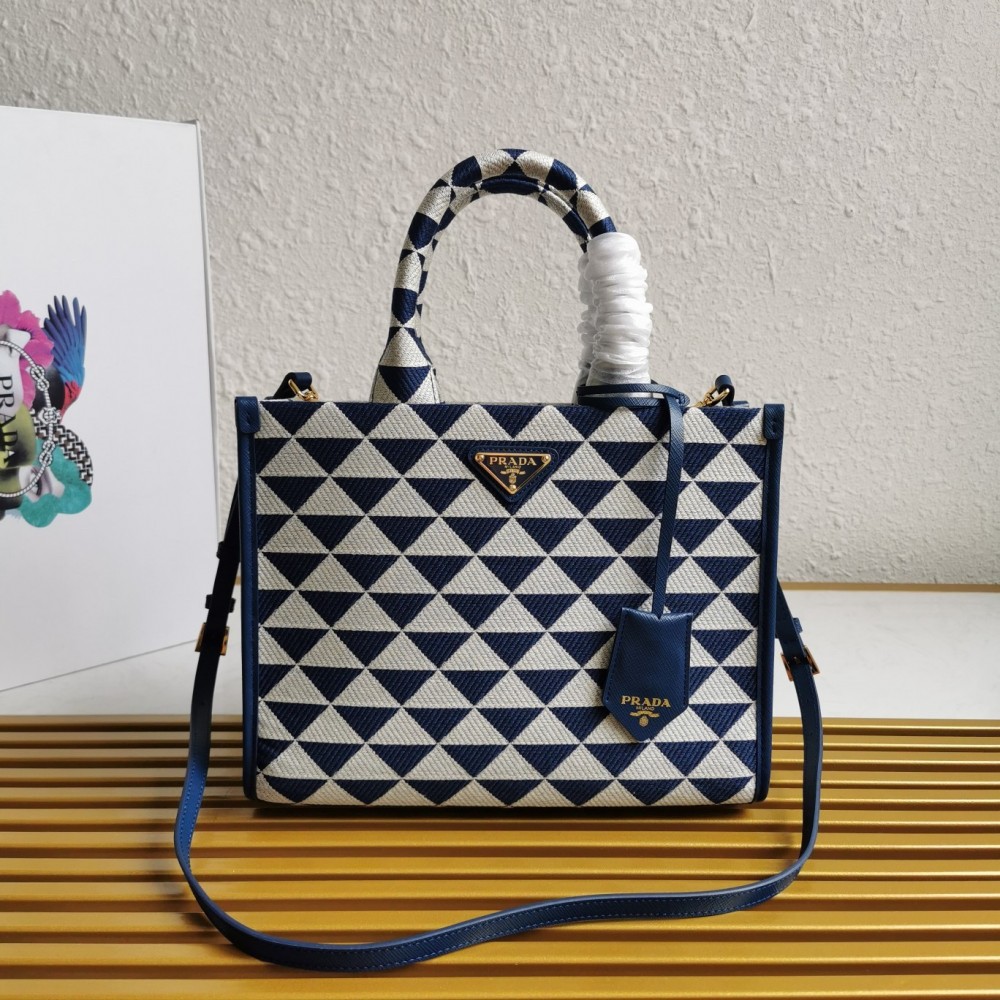 Prada Symbole Small Bag In White/Blue Jjacquard Fabric LDBS244956