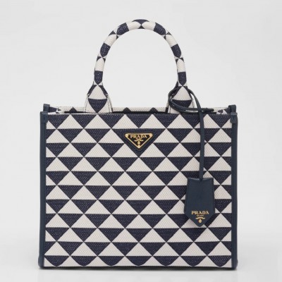 Prada Symbole Small Bag In White/Blue Jjacquard Fabric LDBS244956