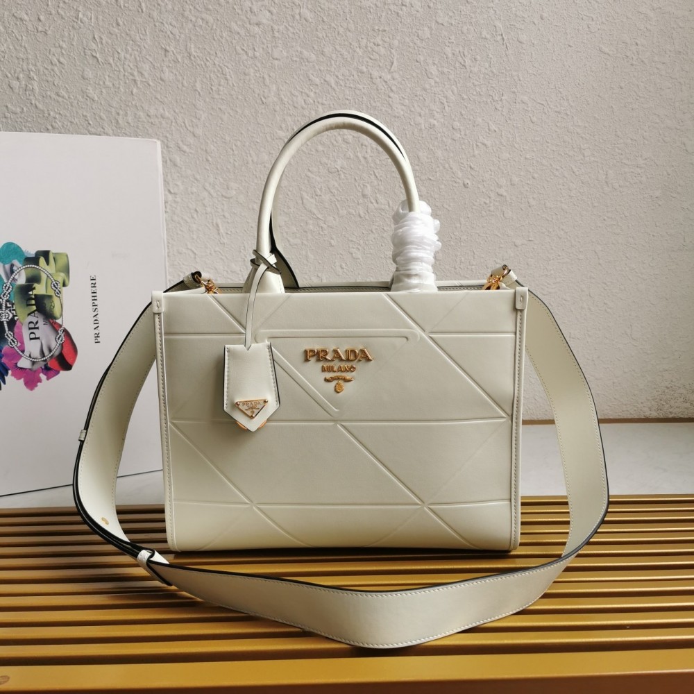 Prada Symbole Small Bag with Topstitching in White Leather LDBS244961