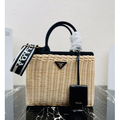 Prada Tote Bag In Wicker and Black Canvas LDBS244964