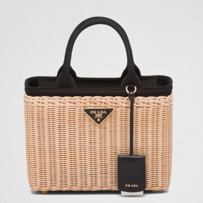 Prada Tote Bag In Wicker and Black Canvas LDBS244964