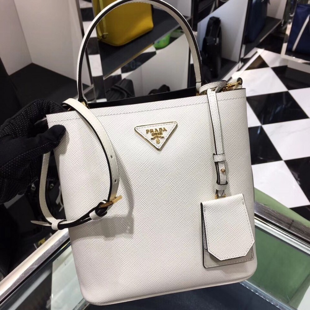 Prada White Saffiano North South Double Medium Bag LDBS244979