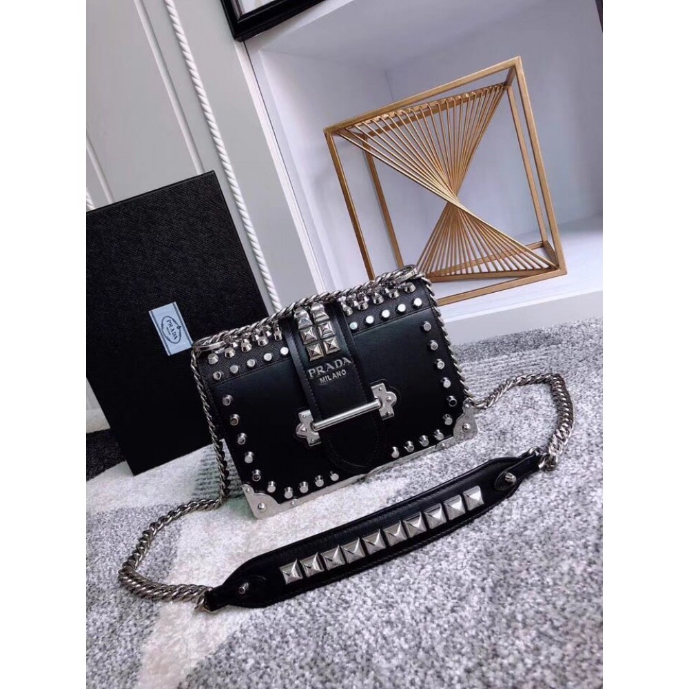 Prada Cahier Black Leather Shoulder Bag with Studded