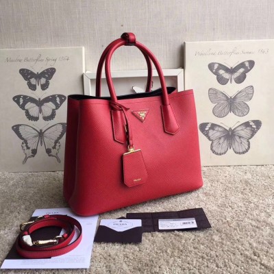 Prada Double Medium Tote Bag In Red Saffiano Leather