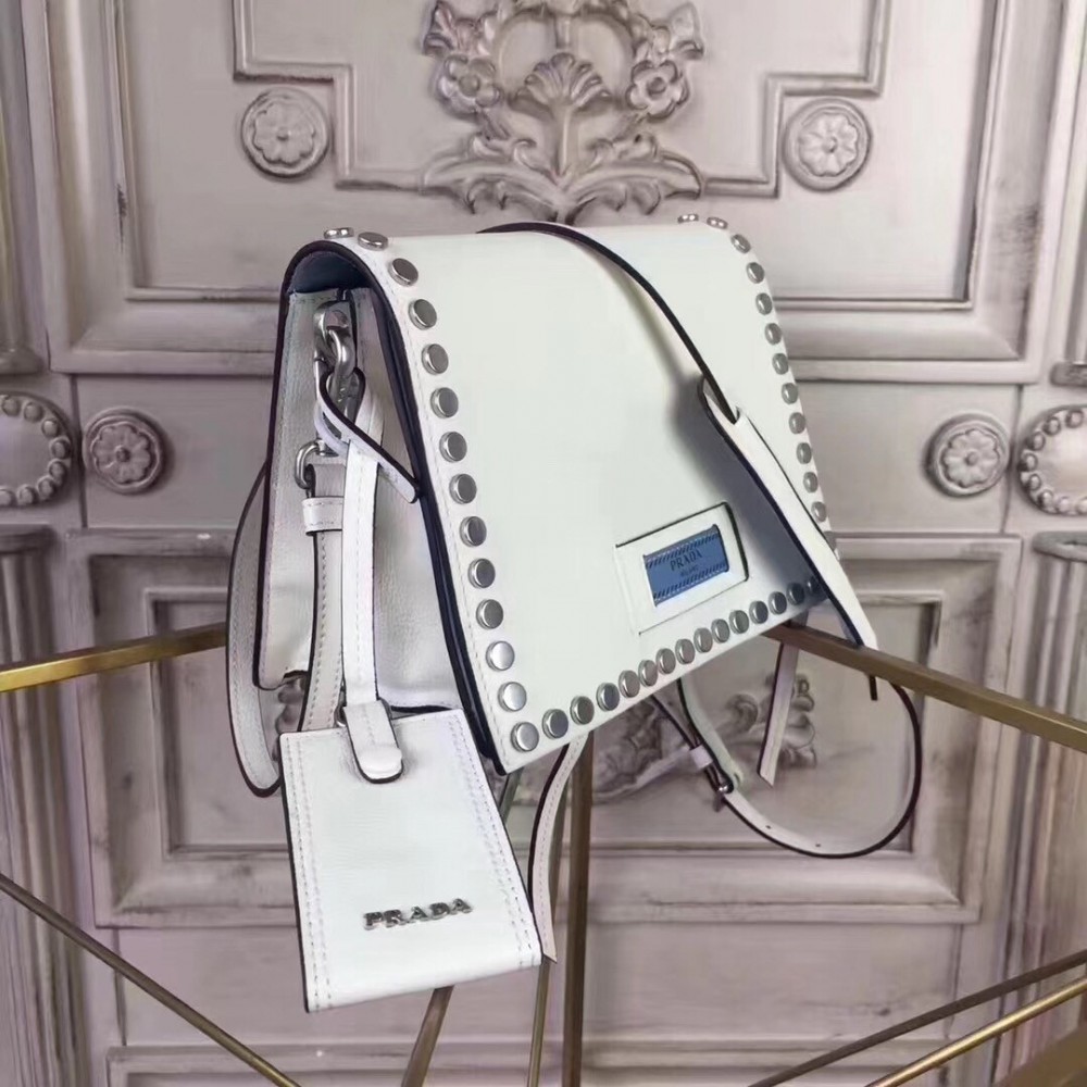 Prada Etiquette Bag In White Calfskin With Metal Stud Trim