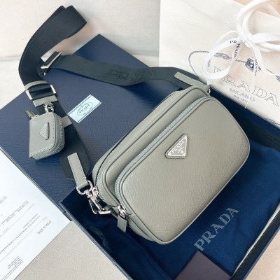 Prada Men's Messenger Bag in Grey Saffiano Leather