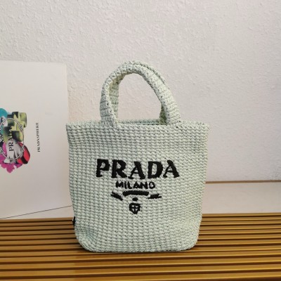 Prada Small Crochet Tote Bag in Aqua Raffia-effect Yarn