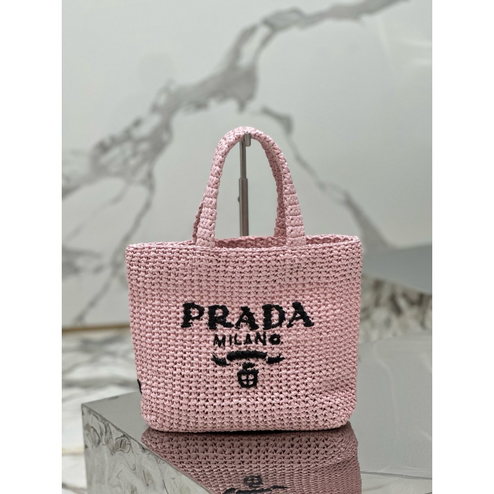 Prada Small Crochet Tote Bag in Pink Raffia-effect Yarn