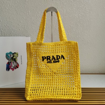 Prada Small Tote Bag In Yellow Woven Raffia