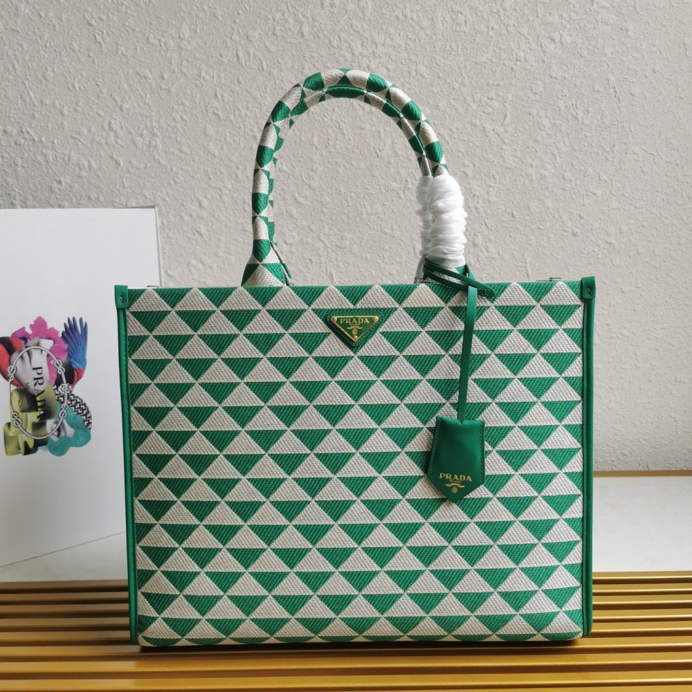 Prada Symbole Large Bag In Green/White Jacquard Fabric