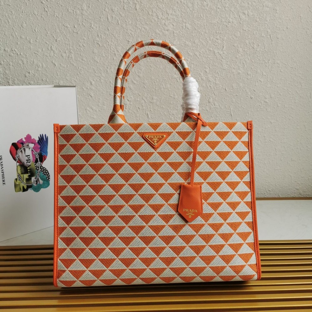 Prada Symbole Large Bag In Orange/White Jacquard Fabric