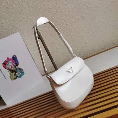 Prada White Brushed Leather Cleo Shoulder Bag with Flap