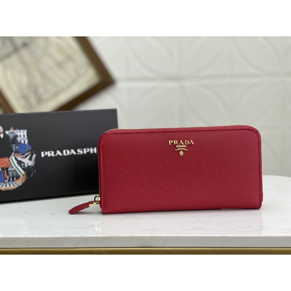 Prada Zip Around Wallet in Red Saffiano Calfskin