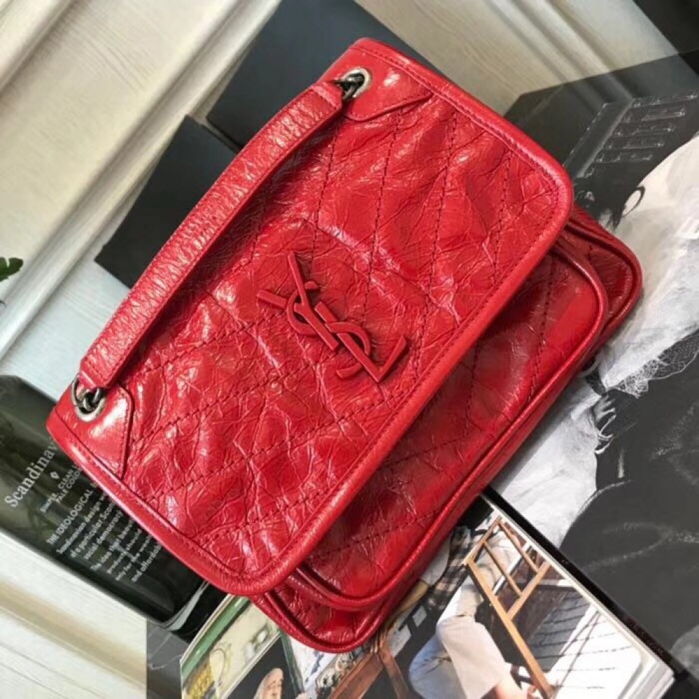 Saint Laurent Baby Niki Chain Bag In Red Crinkled Leather LDBS244999