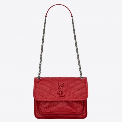 Saint Laurent Baby Niki Chain Bag In Red Crinkled Leather LDBS244999