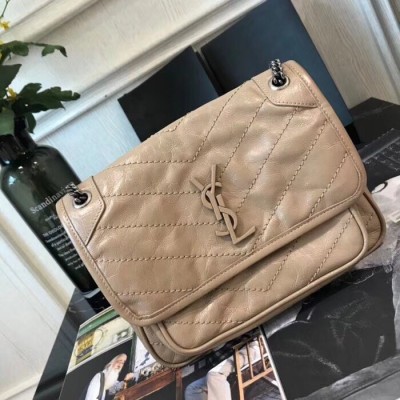 Saint Laurent Baby Niki Chain Bag In Taupe Crinkled Leather LDBS245001