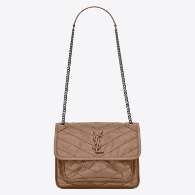 Saint Laurent Baby Niki Chain Bag In Taupe Crinkled Leather LDBS245001