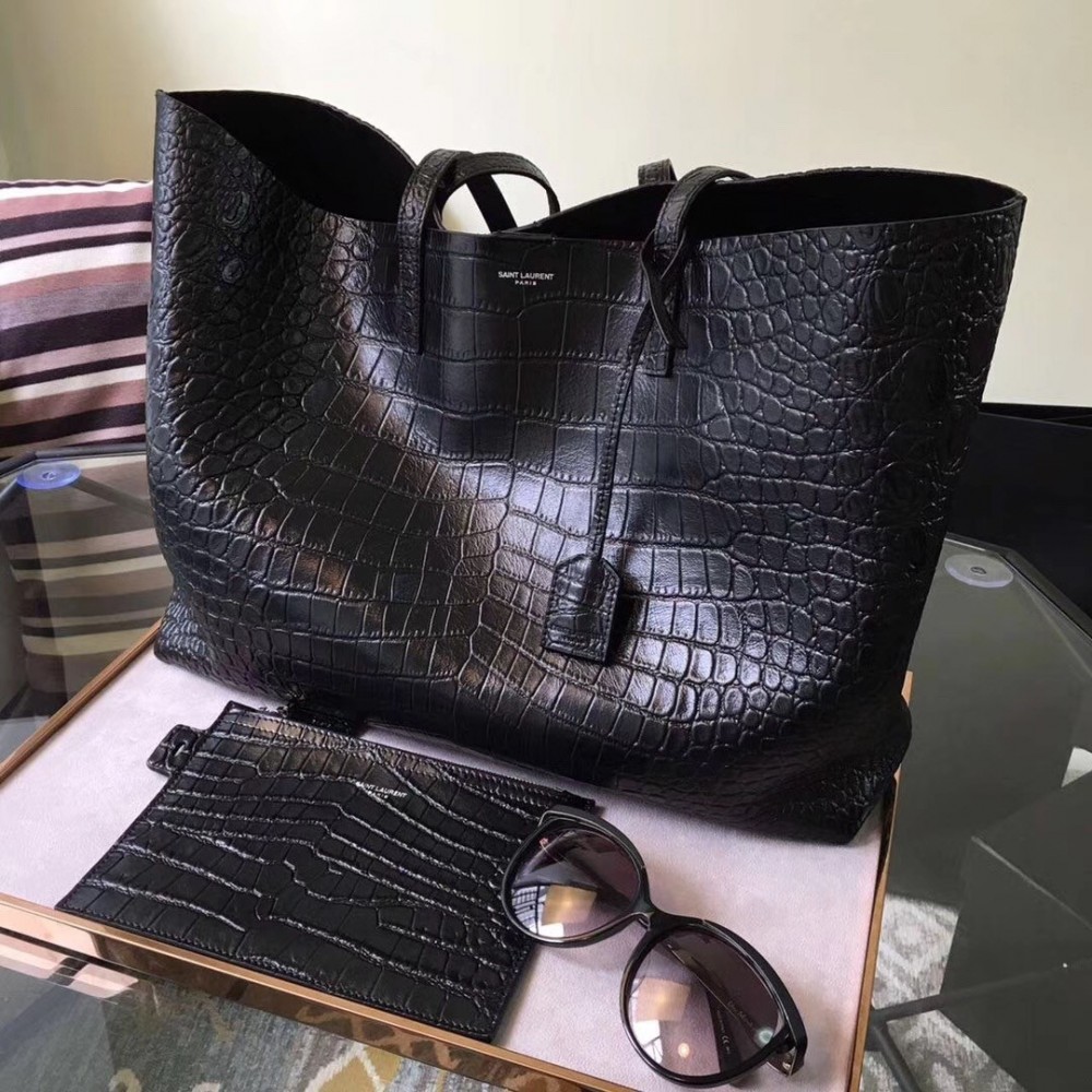 Saint Laurent Black Crocodile Embossed Shopping Tote LDBS245014