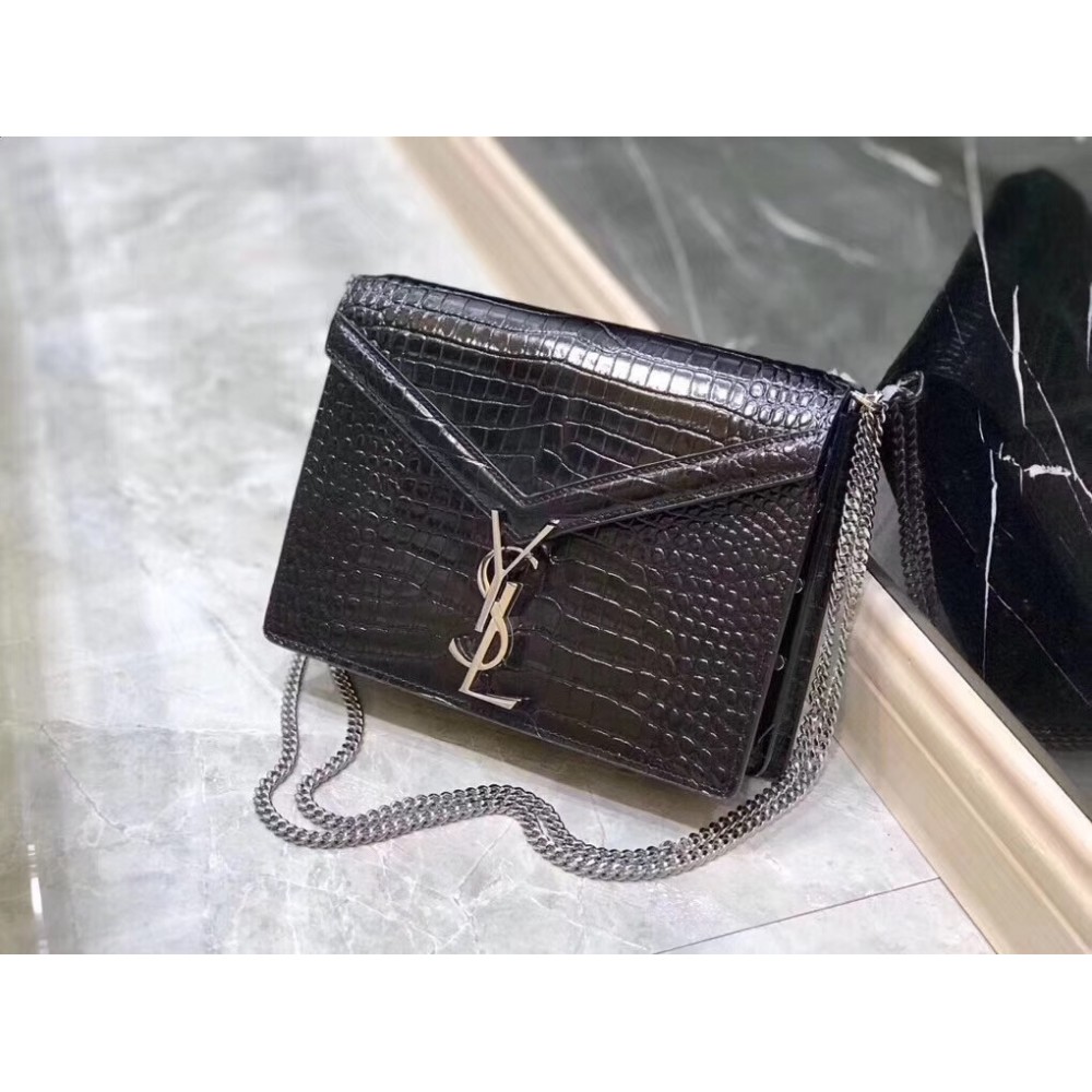 Saint Laurent Cassandra Clasp Bag In Black Croc-Embossed Leather LDBS245048