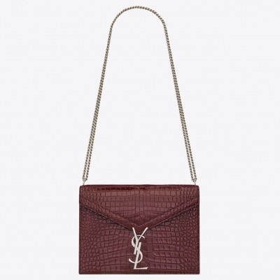 Saint Laurent Cassandra Clasp Bag In Bordeaux Croc-Embossed Leather LDBS245051