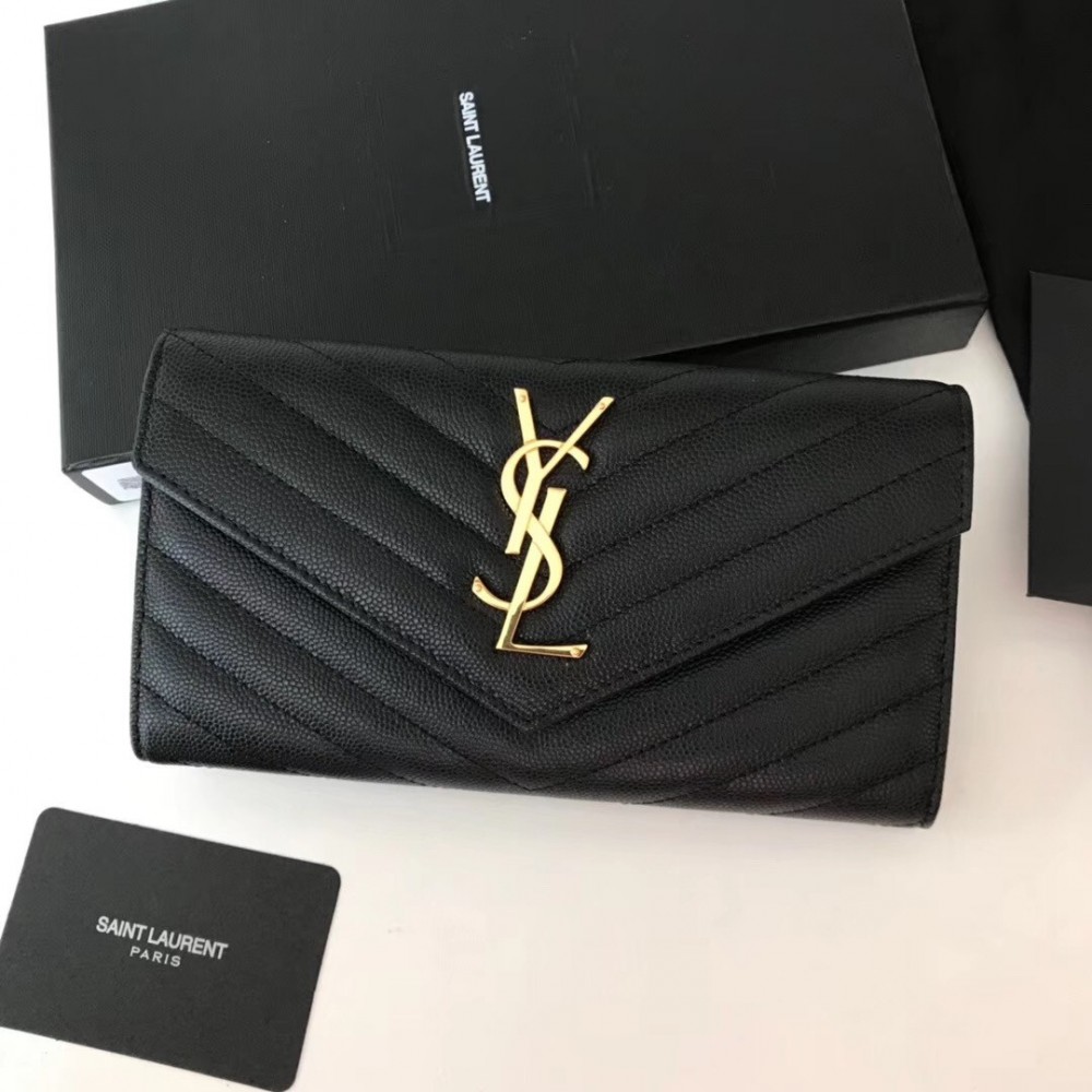 Saint Laurent Large Monogram Flap Wallet In Black Grained Leather LDBS245121