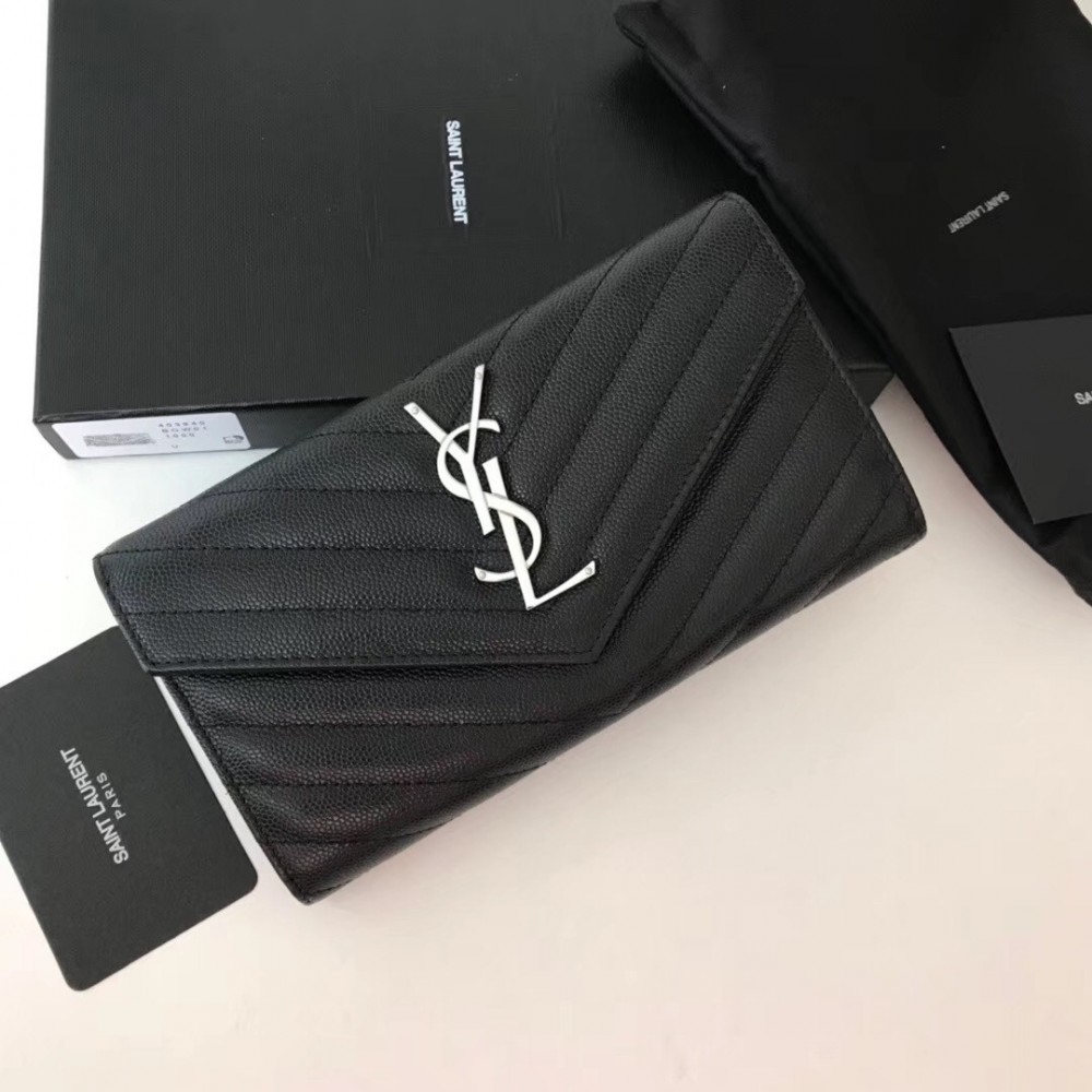 Saint Laurent Large Monogram Flap Wallet In Noir Grained Leather LDBS245122