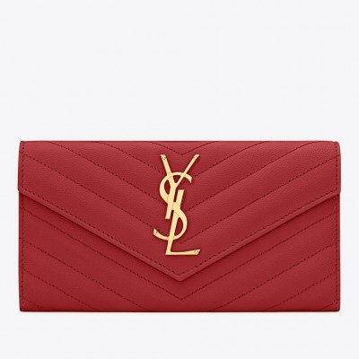 Saint Laurent Large Monogram Flap Wallet In Red Grained Leather LDBS245123