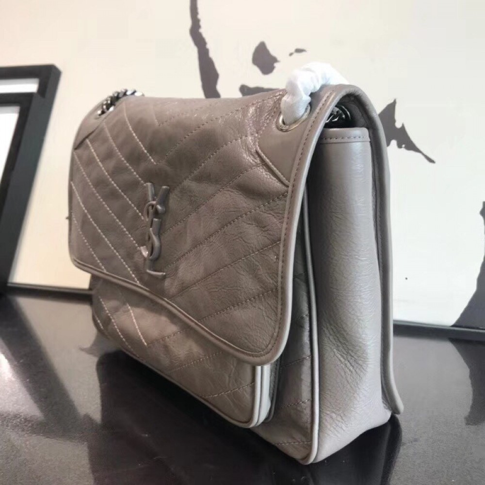 Saint Laurent Large Niki Chain Bag In Grey Crinkled Leather LDBS245129