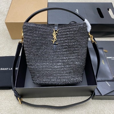 Saint Laurent Le 37 Bucket Bag in Black Woven Raffia LDBS245134