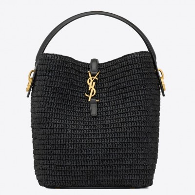 Saint Laurent Le 37 Bucket Bag in Black Woven Raffia LDBS245134