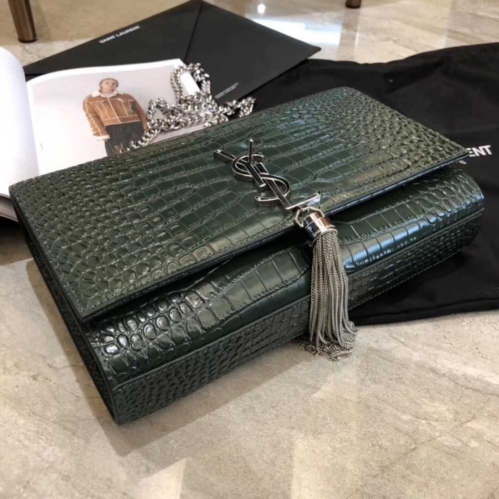 Saint Laurent Medium Kate Bag With Tassel In Dark Green Croc-Embossed Leather LDBS245265