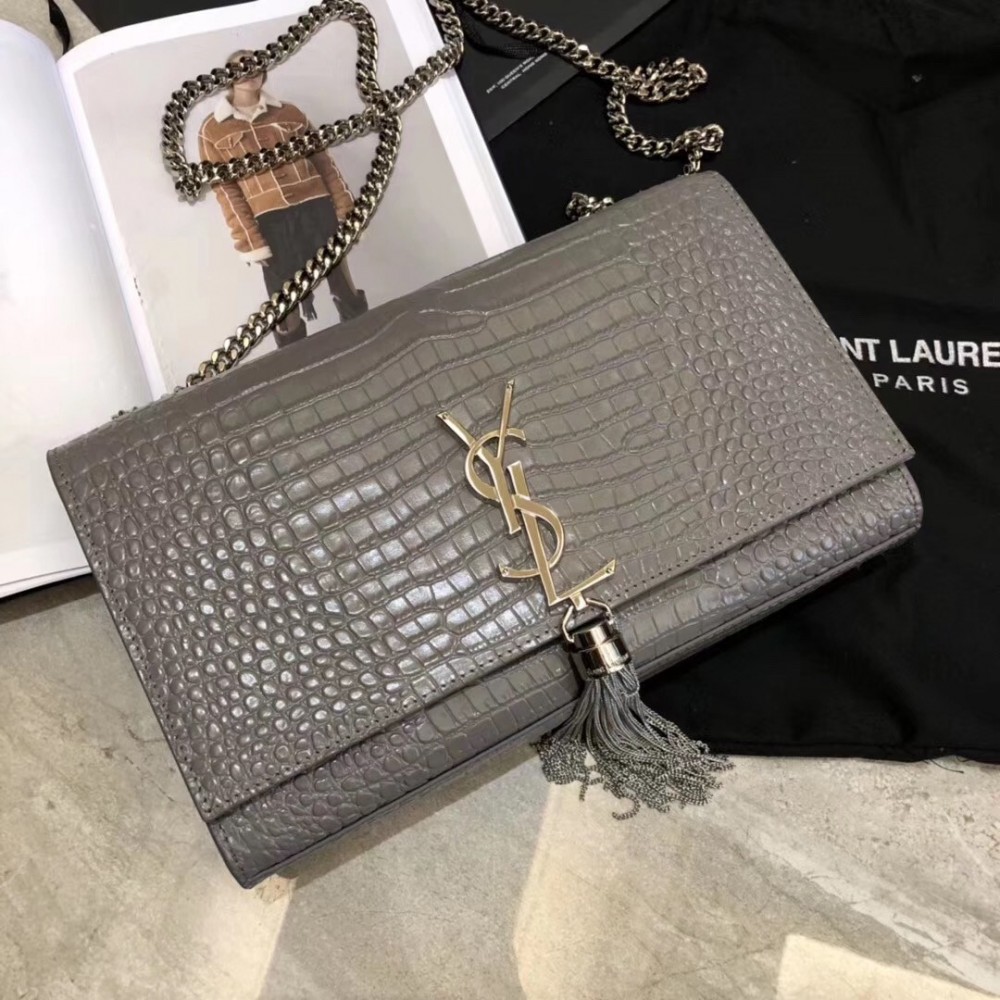 Saint Laurent Medium Kate Bag With Tassel In Storm Croc-Embossed Leather LDBS245271