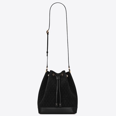 Saint Laurent Monogram All Over Bucket Bag In Black Suede LDBS245309