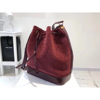 Saint Laurent Monogram All Over Bucket Bag In Bordeaux Suede LDBS245310