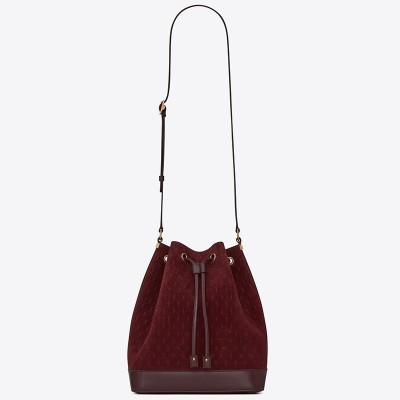 Saint Laurent Monogram All Over Bucket Bag In Bordeaux Suede LDBS245310