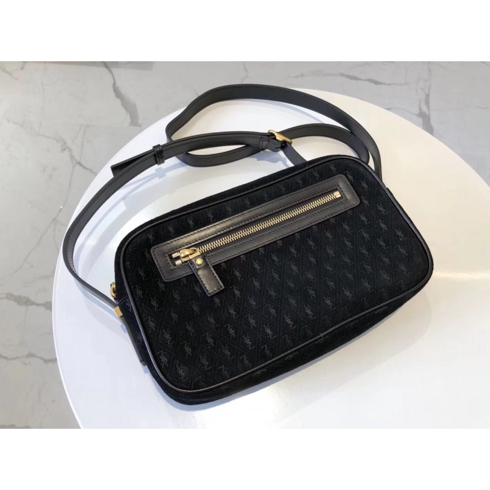 Saint Laurent Monogram All Over Camera Bag In Black Suede LDBS245313