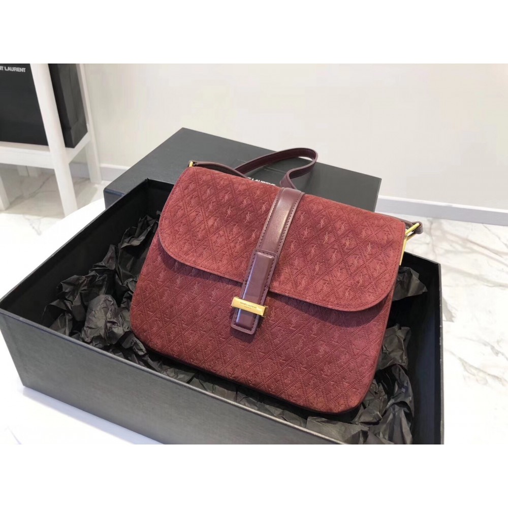 Saint Laurent Monogram All Over Small Satchel In Bordeaux Suede LDBS245319