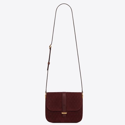 Saint Laurent Monogram All Over Small Satchel In Bordeaux Suede LDBS245319