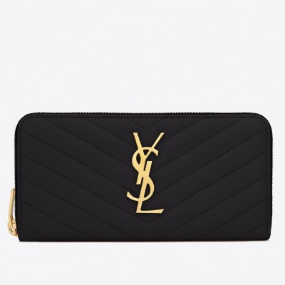 Saint Laurent Monogram Zip Around Wallet In Black Grained Leather LDBS245323