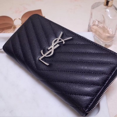 Saint Laurent Monogram Zip Around Wallet In Noir Grained Leather LDBS245324