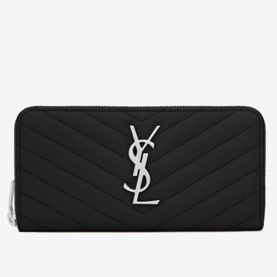 Saint Laurent Monogram Zip Around Wallet In Noir Grained Leather LDBS245324