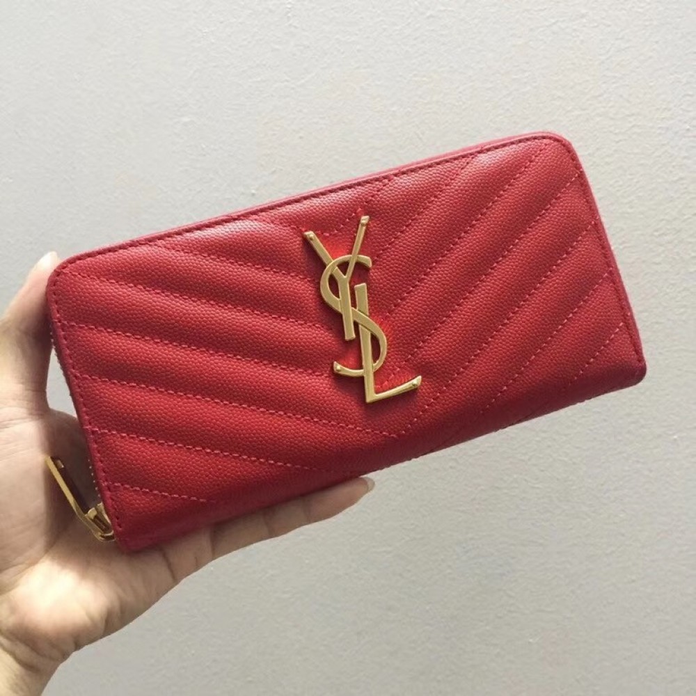 Saint Laurent Monogram Zip Around Wallet In Red Grained Leather LDBS245326