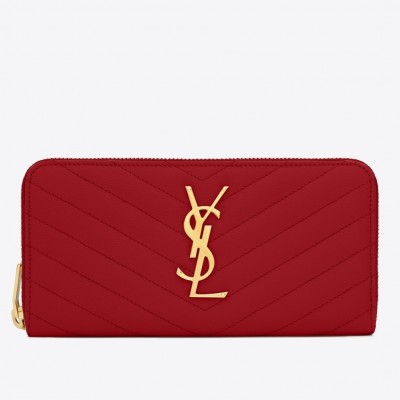 Saint Laurent Monogram Zip Around Wallet In Red Grained Leather LDBS245326