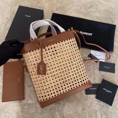 Saint Laurent N/S Toy Shopping Bag In Woven Cane And Leather LDBS245345