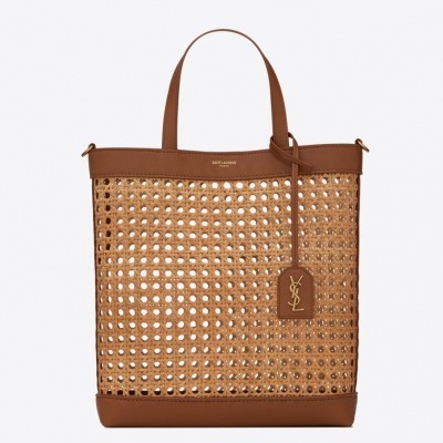 Saint Laurent N/S Toy Shopping Bag In Woven Cane And Leather LDBS245345