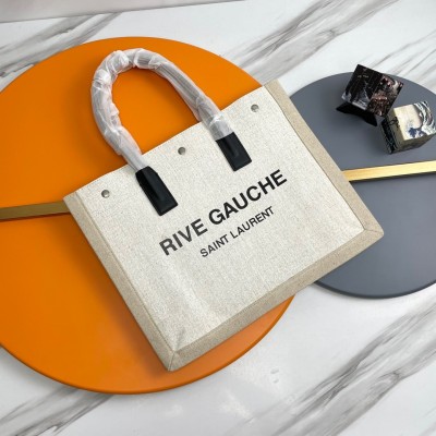 Saint Laurent Rive Gauche Small Tote Bag in White Linen and Leather LDBS245354