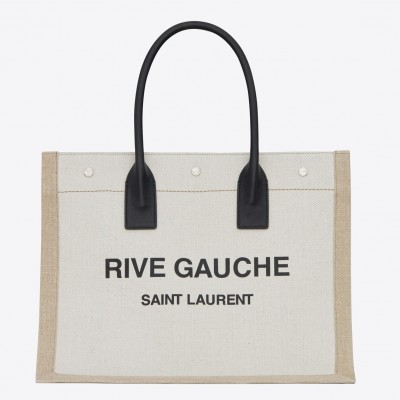 Saint Laurent Rive Gauche Small Tote Bag in White Linen and Leather LDBS245354