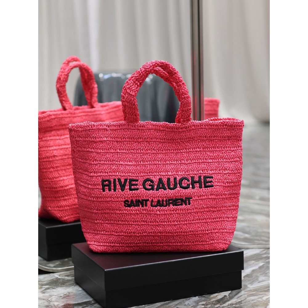 Saint Laurent Rive Gauche Tote Bag in Neon Pink Raffia Crochet LDBS245359